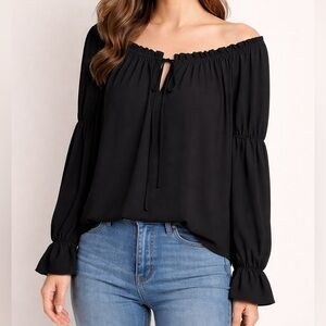 Bailey 44 Black Smocked Peasant Blouse Long Sleeve Georgette Size S